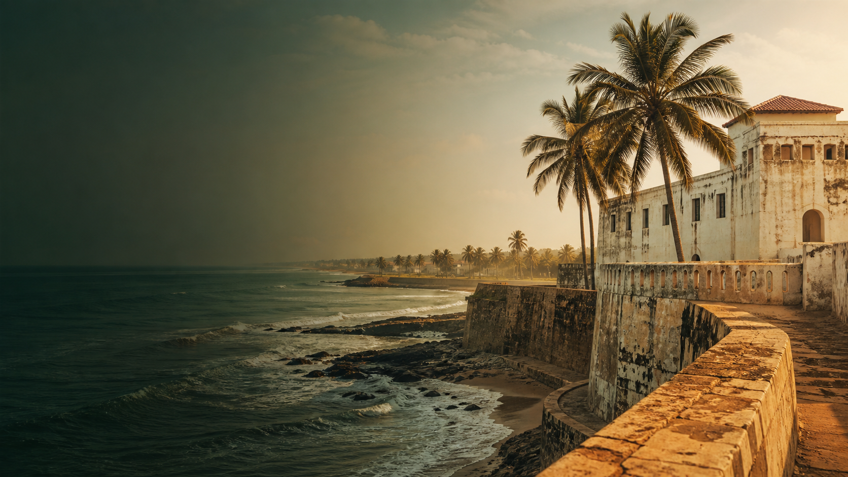 Ghanaian coastal heritage architecture beside the Atlantic Ocean
